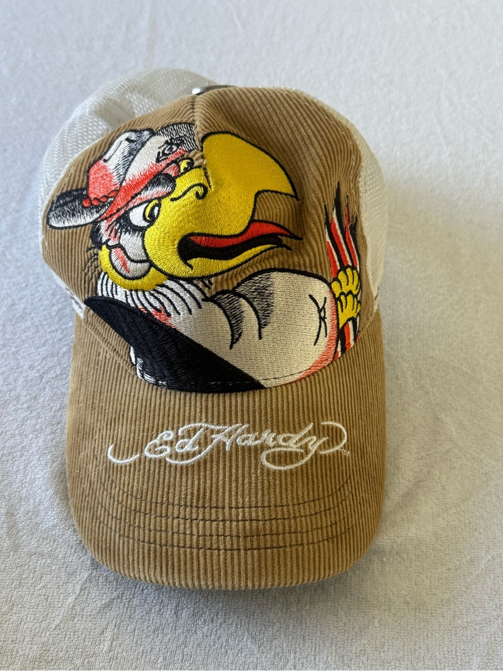 Vintage Ed Hardy Tan Corduroy Baseball Cap with Colorful Eagle Patch
